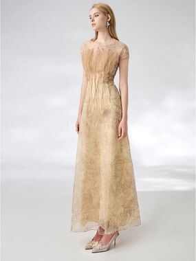 NWT Reilly Beige Organza Midi Dress Gown Size XS Mesh Rhinestone Nude Wedding